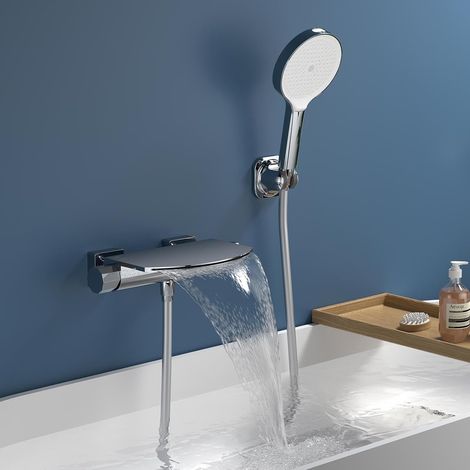 Robinet de baignoire avec pommeau de douche, robinet de baignoire avec cascade, mitigeur en laiton chromé, robinet mural pour baignoire, montage mural avec grande plate-forme (1/5)