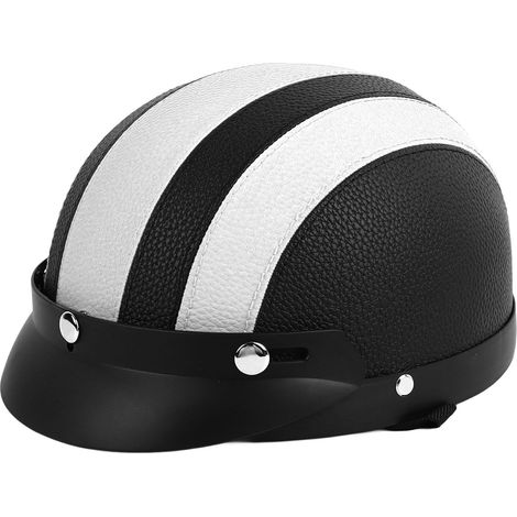 Casque moto demi-visière rétro en cuir PU respirant, anti-soleil et sécurisé, pour homme et femme, noir blanc, cuir synthétique. (1/5)