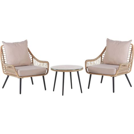 Bistro Set with Cushions LAURETO PE Rattan Natural (1/5)