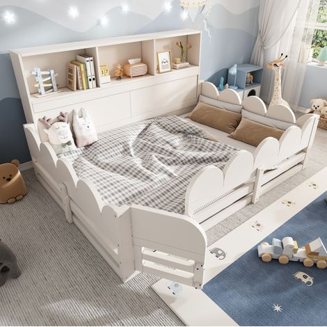 Lit Montessori enfant 140x190 cm blanc avec barrière, porte et étagère