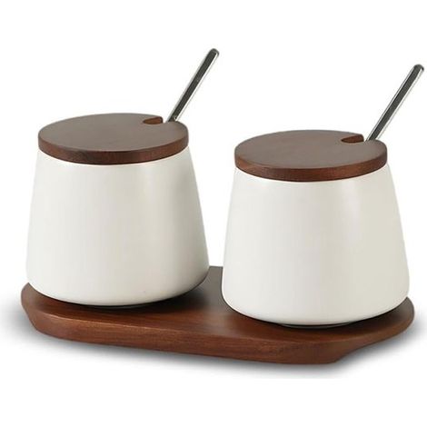 Juego de 2 botes de cerámica para especias, bote para especias con tapa de bambú, cuchara y cuenco, salero, 200 ml, blanco (1/5)
