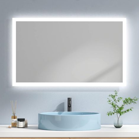 EMKE Espejo de baño con luz, espejo de baño con LED iluminación, con interruptor mecánico y antivaho, 100 x 60 cm luz blanca y luz cálida (1/3)