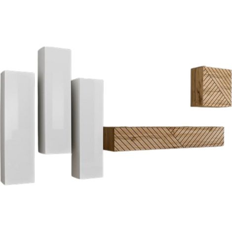 Ensemble meuble salon SWITCH III design, coloris chêne et blanc. Finitions effet chêne fraisé et brillant.