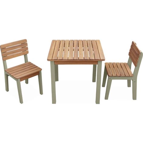 Salon de jardin enfant. table en bois d'acacia. vert d'eau. intérieur et extérieur avec 2 chaises