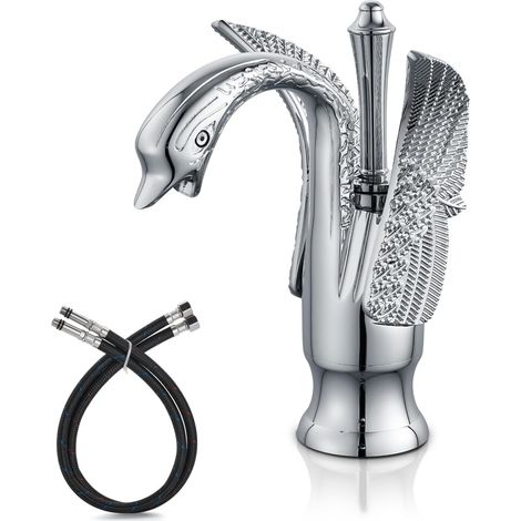 Robinet d'évier de salle de bain poli chrome cygne en forme de poignée unique un trou lavabo robinet mélangeur pont de montage, argenté