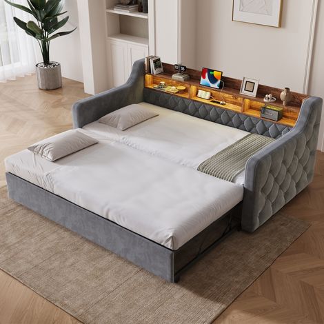 Cama nido 90x190 cm con cabecero con almacenaje, LED y puertos USB y Type-C, en terciopelo, gris oscuro, sin colchón (1/5)