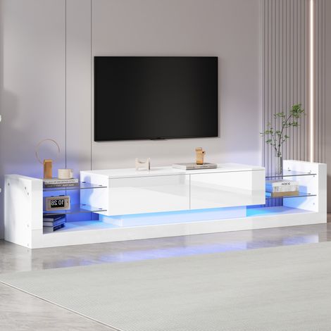 Meuble TV blanc 181 cm  brillant avec éclairage LED, façade en verre et deux tiroirs rabattables, 181x38x38 cm (1/5)