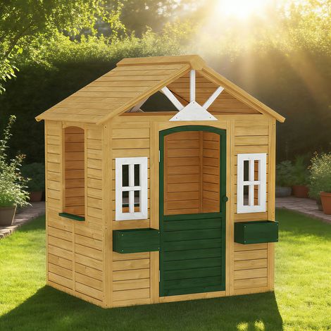 Cabane enfant extérieur en bois, maison enfant extérieure avec porte, fenêtres, 2 bacs à fleurs, 134,5x97x150cm, marron (1/5)