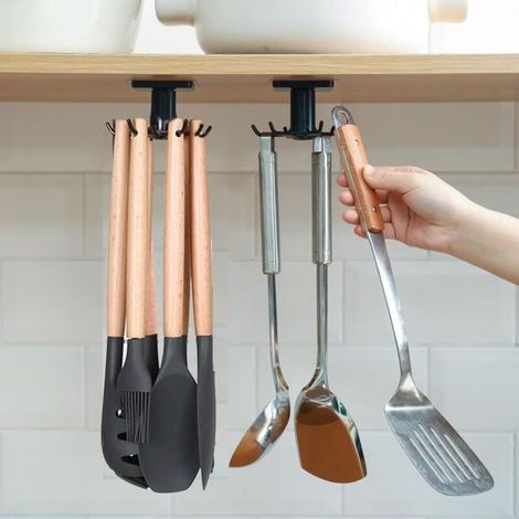 2 Küchenutensilienhalter, 360° drehbar, kein Bohren erforderlich, Aufbewahrungsregal mit 6 Haken für Küche/Badezimmer/Kleiderschrank (Schwarz) (1/4)