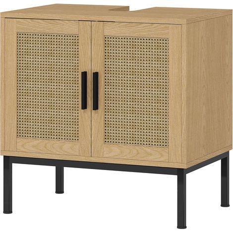 Waschbeckenunterschrank Unterschrank mit Schrankfach, Waschtischunterschrank mit Rattanoptik, Badunterschrank mit Kippschutz, Eiche, 60 x 39 x 60 cm Aosom