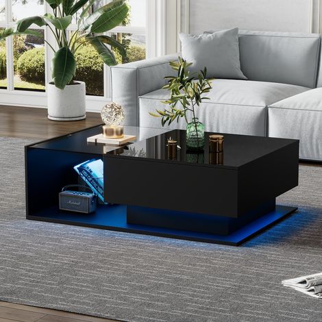 Table basse noire brillante 100x50x32 cm avec plateau verre, 1 tiroir et éclairage LED, résistante aux rayures, design moderne pour salon/séjour (1/5)