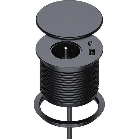 Bloc Prise Encastrable, Multiprise Encastrable avec 1 Prise, 1 Port USB C, 1 Port USB A, 75 mm de Diamètre, 1,5M de Câble, Prise Bureau pour la Cuisine, Le Bureau, Les Meubles, Noir (1/5)