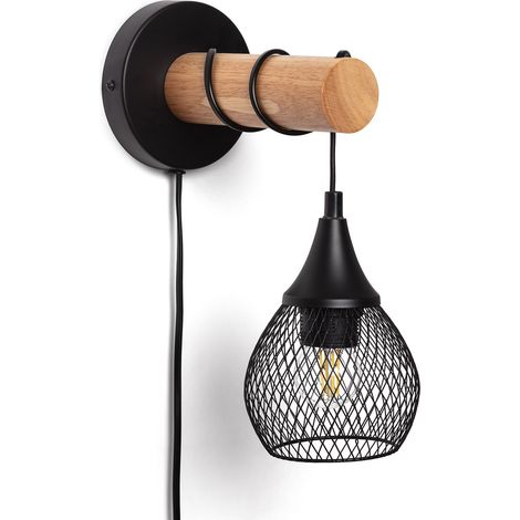 Ledkia – Lampe murale en bois et métal Monah noir – Applique moderne E27 – Lumière chaude/froide – Pour salon et entrée