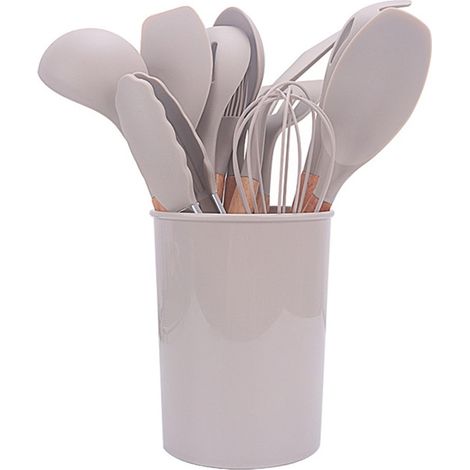 Ensemble de 11 ustensiles de cuisine en silicone avec manches en bois, poêles et ustensiles antiadhésifs, ensemble de cuillères et spatules de cuisine en silicone, couleur kaki + boîte colorée + seau (1/5)