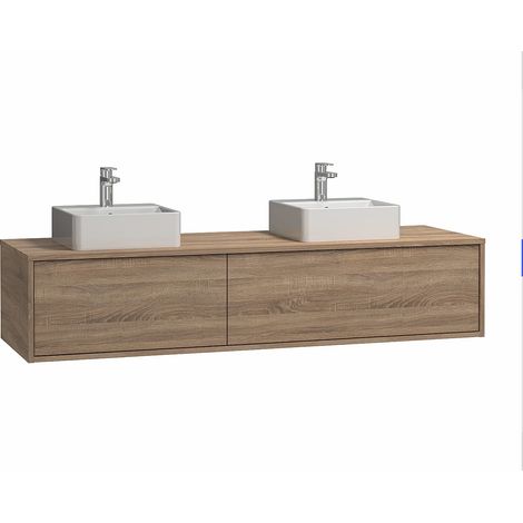 Vente-Unique – Meuble sous vasque suspendu 150 cm avec double vasque à poser carrée – Panneau de particule naturel clair – 2 tiroirs coulissants soft close