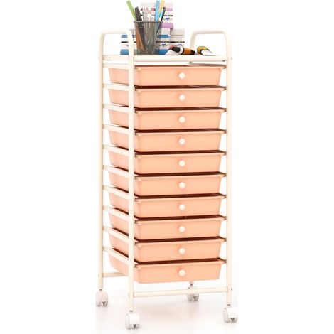 GOPLUS Desserte à Roulettes avec 10 Tiroirs Extractibles en Plastique, 37x33x86CM, Chariot de Rangement à Roulettes Verrouillables, pour Chambre, Bureau, Cuisine (Orange) (1/5)