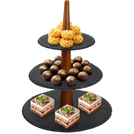 Présentoir à Gâteaux 3 Étages, Support à Cupcakes en Ardoise et Bois, Ø25/20/15 cm, Stable avec Patins Antidérapants, pour Buffet, Desserts, Fruits – Montage Facile (1/5)