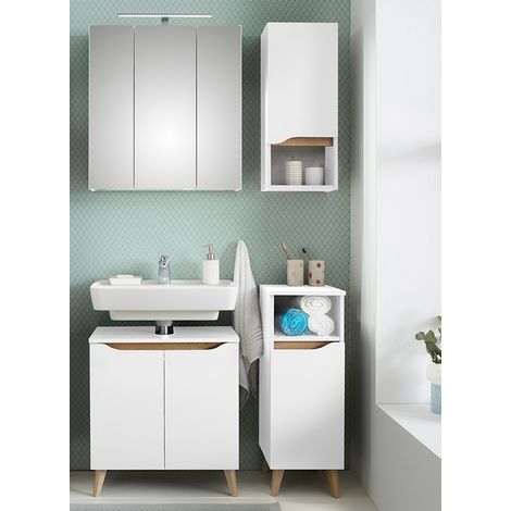 Badezimmer Set, 4-teilig, mit Füßen in Holzoptik QUEIMADOS-66 in Weiß Glanz mit Weiß Hochglanz, B/H/T ca. 95/200/33 cm (1/5)
