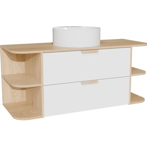 Meuble de salle de bain suspendu avec niches et vasque à poser ronde – Blanc et naturel clair – L120 cm – AVORELI (1/5)