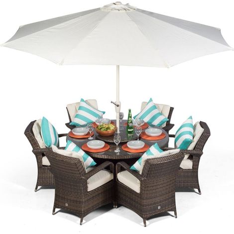 Arizona Round 6 Seater Rattan Patio Dining Set - Brown (1/5)