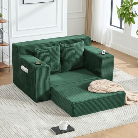 Canapé Pouf avec Poches Latérales, Deux Coussins Amovibles et Accoudoirs, Velours Côtelé Vert Émeraude (1/5)