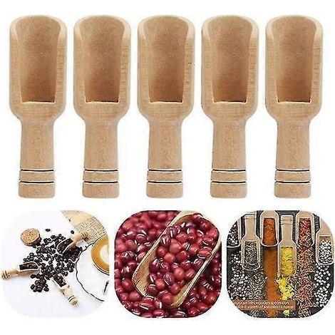 Lot de 5 mini-tables avec poignées rondes en bois, accompagnées de sel de bain, bonbons, épices, fruits secs, sel et farine. Accessoires de cuisine à poignées en bois. (1/5)