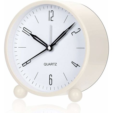 Analog Alarm Clock, 4 Inch Large Dial, Metal Minimalist Round Alarm Clock, Alarm Clock, Fashionable Bedside Table, No Ticking, Silent, Battery Powered (White) (1/5)