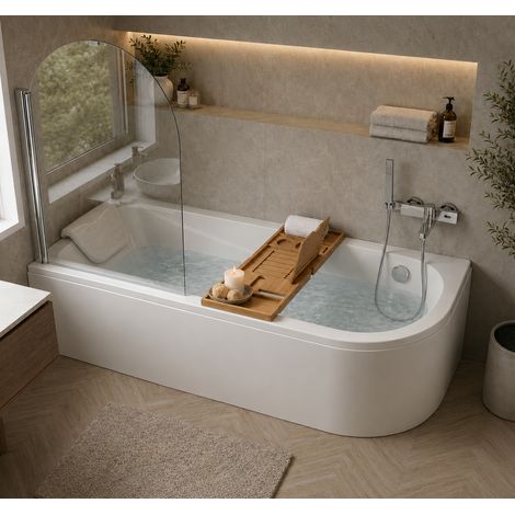 Baignoire d'angle asymétrique gauche 170 x 75 cm - blanc - sans tablier, pieds, vidage chrome, pare - baignoire, repose - tête, plateau bambou - OASIS (1/5)