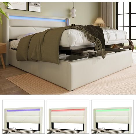 Lit coffre 160x200 cm blanc en similicuir PU, tête de lit LED avec télécommande, rangement hydraulique, sommier à lattes inclus, sans matelas (1/5)