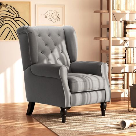 Fauteuil relax gris foncé – coussins capitonnés, revêtement polyester et pieds bois, salon ou chambre (1/5)