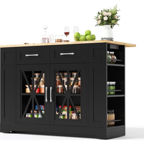 Carro de Cocina con 2 Puertas de Cristal, 6 Estantes Abiertos, Mesa Plegable, Tomas AC y USB, 120x40x92 cm (1/5)