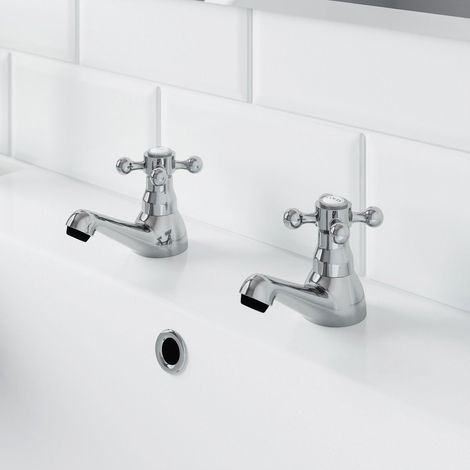 Traditional Bathroom Twin Basin Sink Taps 2 Tap Hole Brass Cross Head (1/5)