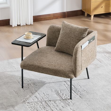 Fauteuil relax en chenille 86x72x71 cm avec table d'appoint, 2 poches latérales et structure métal, kaki (1/5)