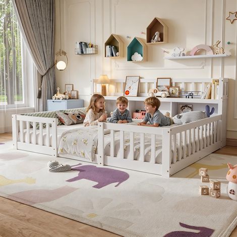 FOERPL-Letto Montessori 140x200 cm con contenitore e libreria, letto a pavimento per bambini 140x200 con sponda di sicurezza e rete a doghe, struttura letto per bambini massello di pino rinforzato.