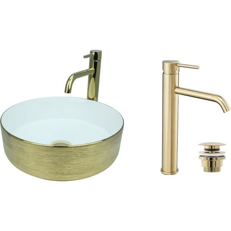 GTM Design Aufsatzwaschbecken 36 cm Glanz Set mit Waschtischbatterie und Stopfen - Aufsatzwaschbecken Oval für Badezimmer - Modernes Waschbecken ohne Hahnloch - Waschbecken mit Armature (1/5)