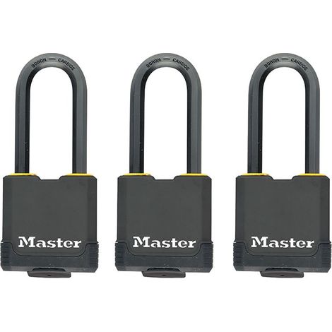 Master Lock – Pack of 3 keyed alike padlocks 45mm – Laminated steel with thermoplastic cover – 38mm shackle 8mm diameter – Dual ball bearing locking