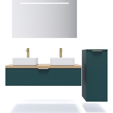 Meuble de salle de bain suspendu 2 vasques à poser 120cm 1 tiroir Bleu + miroir + colonne ouverture droite - Venice (1/5)