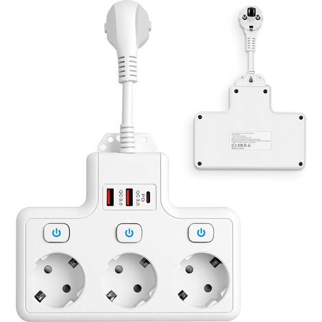 Prise Multiple USB, Triplette Electrique, Multiprise avec Interrupteur dotée de 2 Ports USB et d'un Port Type-C (PD 18-20W), Adaptée pour Le Salon et Le Bureau Max 3500W/16A-XP (1/5)