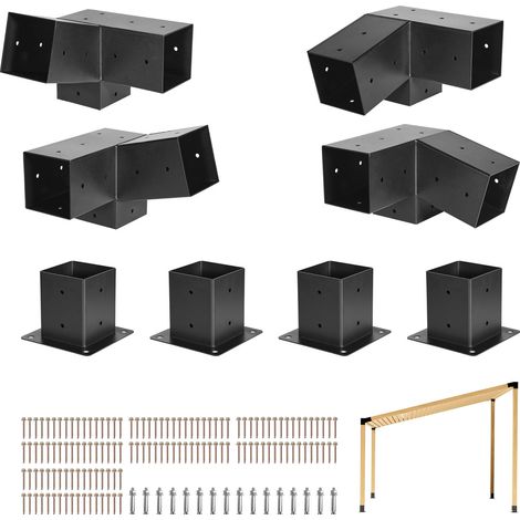 VEVOR Kit per Pergola in acciaio al carbonio, 8 Pezzi Staffe Inclinate a 3 Vie ca.101 x 101 mm, Adatto per Travi da ca.1067 x 1067 mm con Accessori per Montaggio a Parete, Pergole Esterne, Gazebo