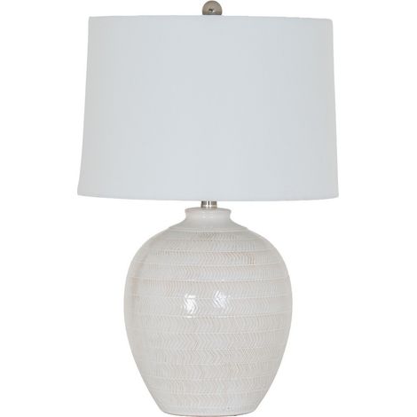 Chevronne Ceramic Table Lamp with Linen Shade - Ceramic - L41 x W41 x H63 cm - White