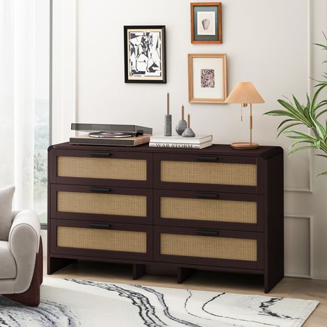 Cómoda de aglomerado marrón rojizo con 6 cajones de ratán natural, esquinas redondeadas, 130 cm (1/5)