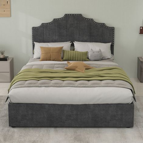 Lit moderne moelleux tête confortable 140x200cm gris coffre haut tige pneumatique matelas inclus