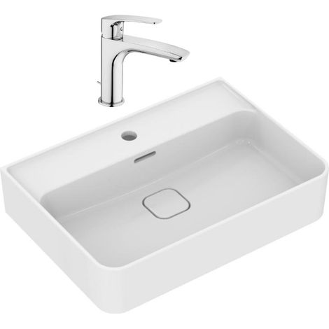 Strada II lavabo 600x430 mm 1 trou + Swiss Aqua Technologies Project mitigeur monocommande avec tirette (T300001SATBSPRO275) (1/5)