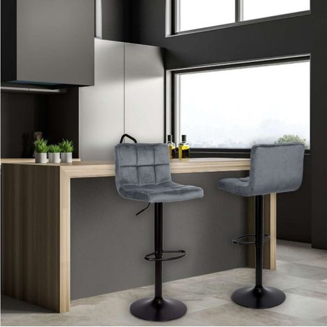 Sgabello regolabile con seduta in velluto grigio e base in metallo nero opaco - Mosva (1/5)
