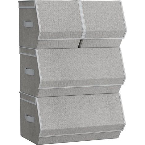 Boîte de Rangement avec Couvercle, Lot de 4, Coffre, Panier, Empilable, avec Fermetures Magnétiques, en Tissu, Cadre en Métal, pour Vêtements, Livres, Gris Tourterelle (1/5)