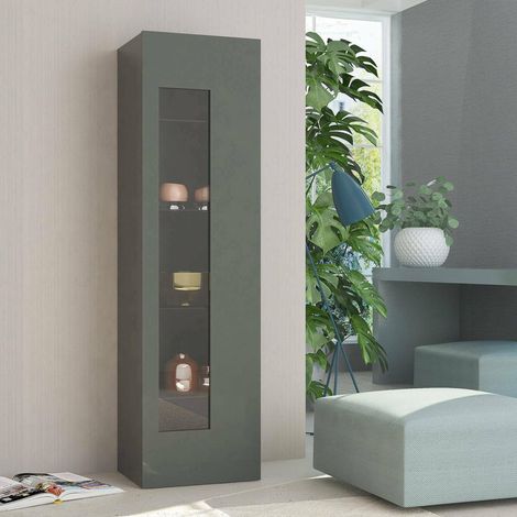 Vitrine Mimmo, Buffet avec porte vitrée, Meuble de salon polyvalent, 45x34h162 cm, Anthracite Brillant (1/5)