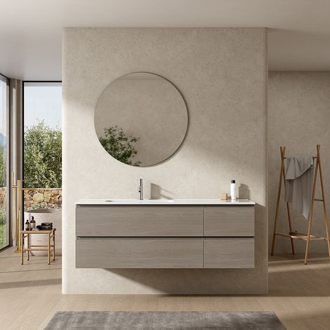 Mobile bagno sospeso 140 cm Beige Lavabo a Sinistra in Resina Specchio Tondo - Fiji Wood (1/4)