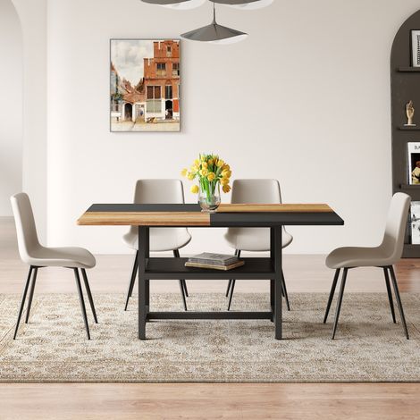Ensemble table rectangulaire 160cm – Rangement – 4 chaises gris chaud PU – Coussin élargi – Salon/Cuisine (1/5)