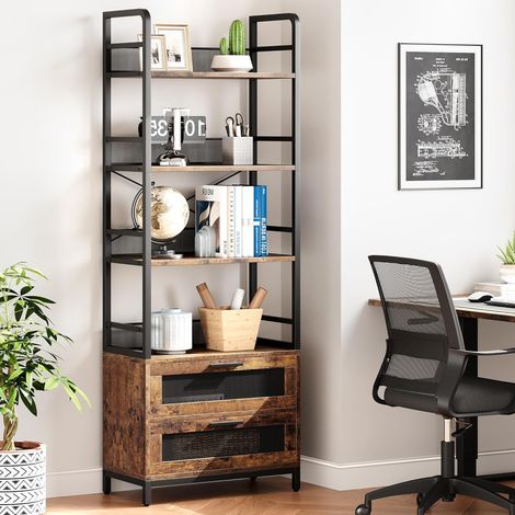 Bibliothèque industrielle marron rustique 4 étagères ouvertes, étagère de rangement salon bureau 30x80x180 cm (1/5)