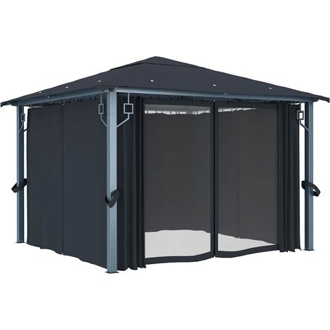 vidaXL Cenador con cortina gris antracita aluminio 300x300 cm (1/2)